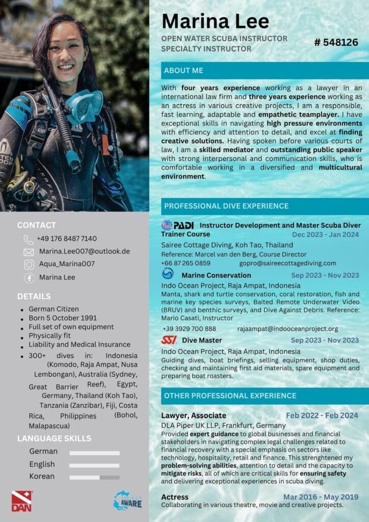 Scuba Diving CV Example for Divemasters and Instructors